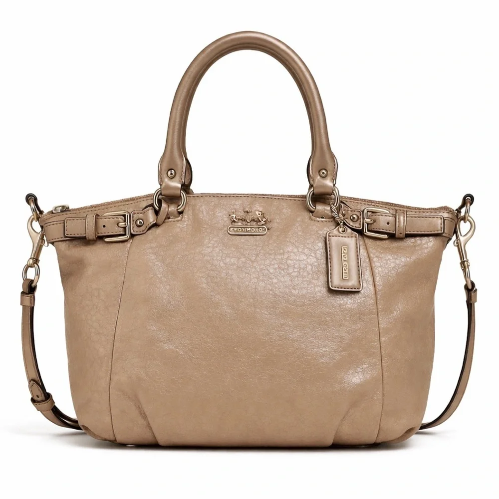 Coach Tan Metallic Madison Satchel with Double Handles and Detachable Strap